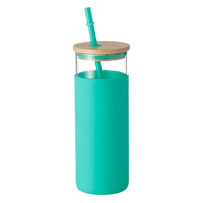 Pahar din Sticlă cu Acoperire din Silicon, Capac din Bambus și Paie, 460ml