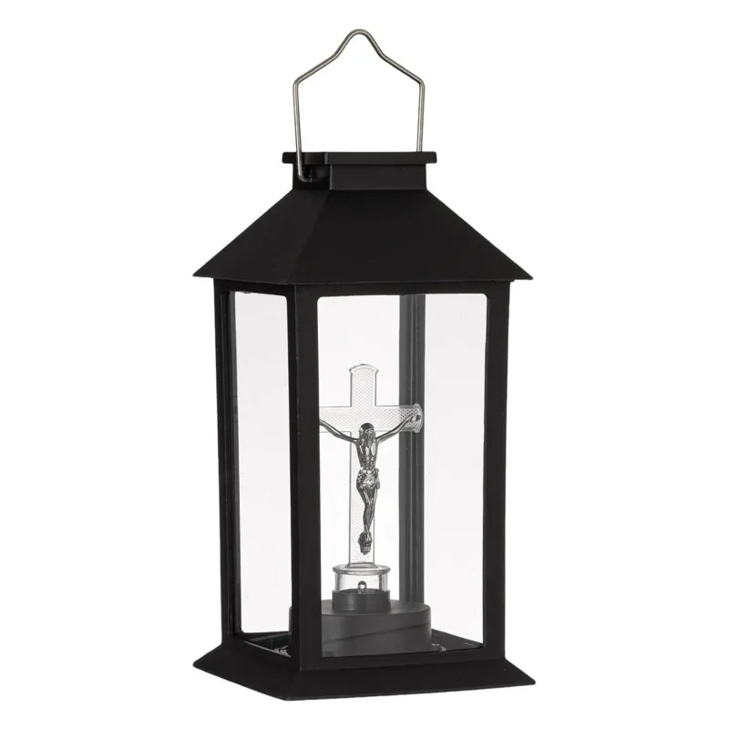 Felinar solar LED cruce cu figurină negru pentru decorarea exterioră