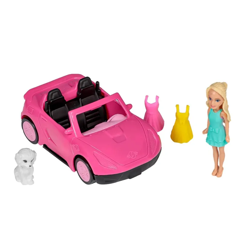 Set Masină Roz cu Papus Mini și Accesorii de Joc pentru Copii