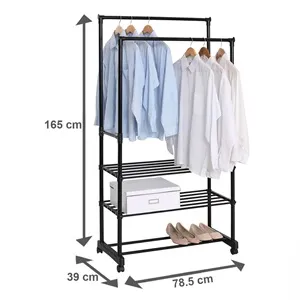 Cuier metalic negru cu roti si rafturi, 78.5x39x165 cm – poza 3