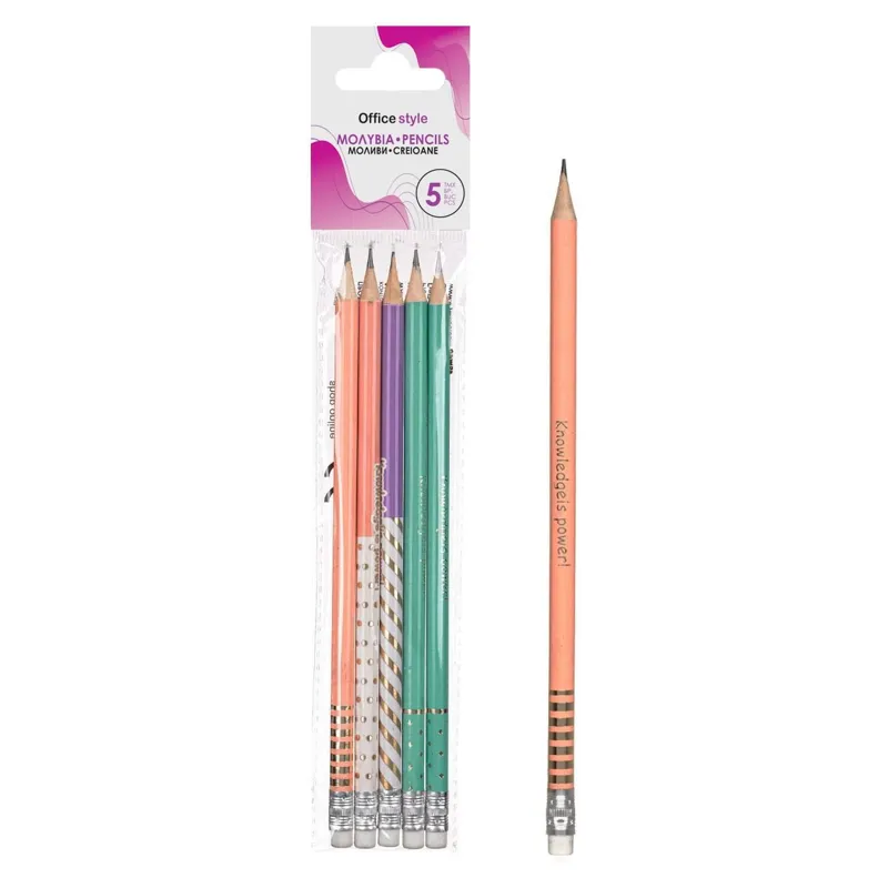 Set 5 creioane HB cu radiera, modele geometrice, multicolore