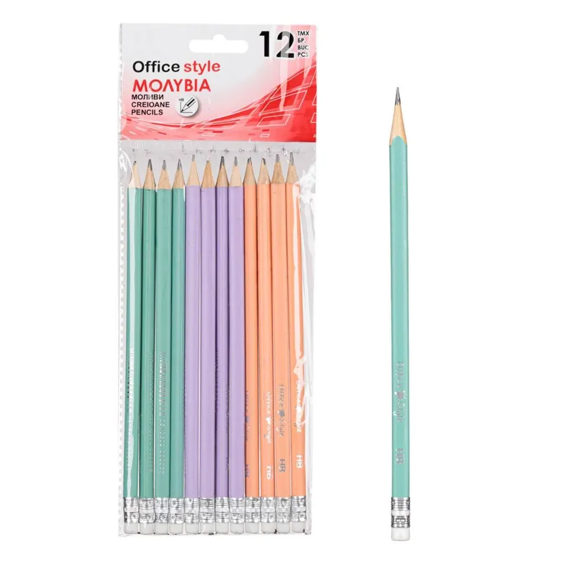 Set 12 creioane HB triunghiulare cu radiera, culori lila, verde si somon