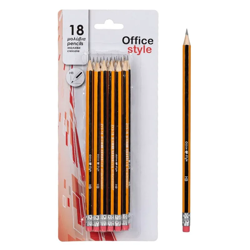 Creioane HB cu Radiera, Set 18 buc, Galbene cu Negru