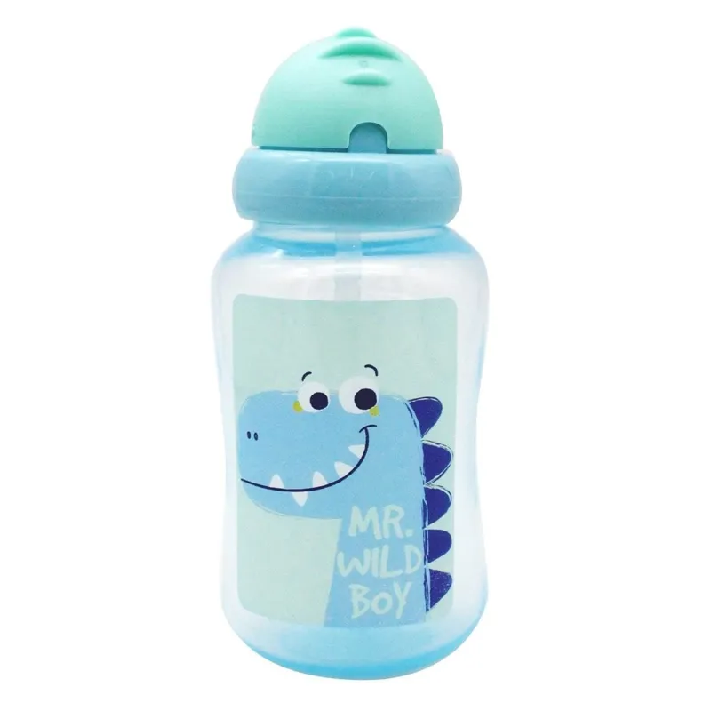 Cana cu pai din plastic, 340 ml, albastra cu model dinozaur