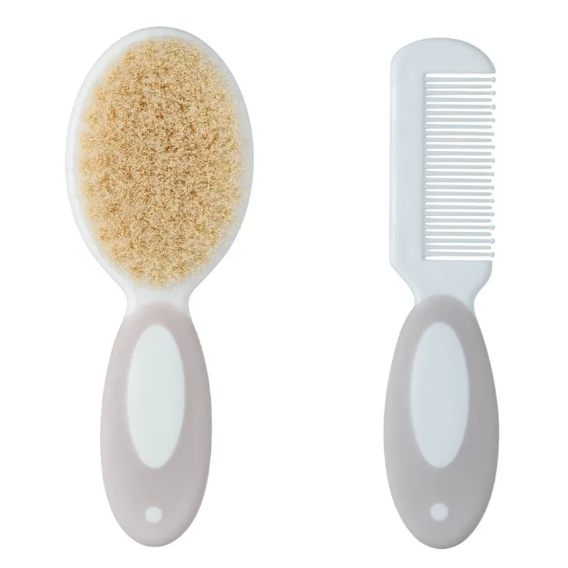 Set Pieptene și Perie cu Fir Natural pentru Bebeluși, 2 bucăți, Alb și Gri