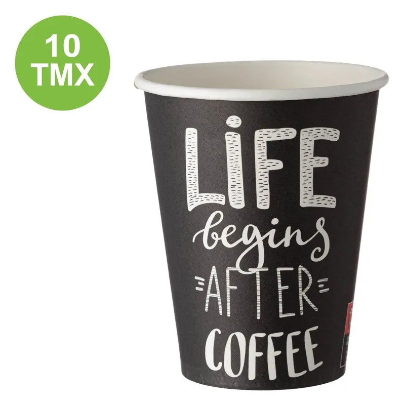 Pahare de Carton Antracit cu Mesaj 'Life Begins After Coffee', 380 ml, 10 buc