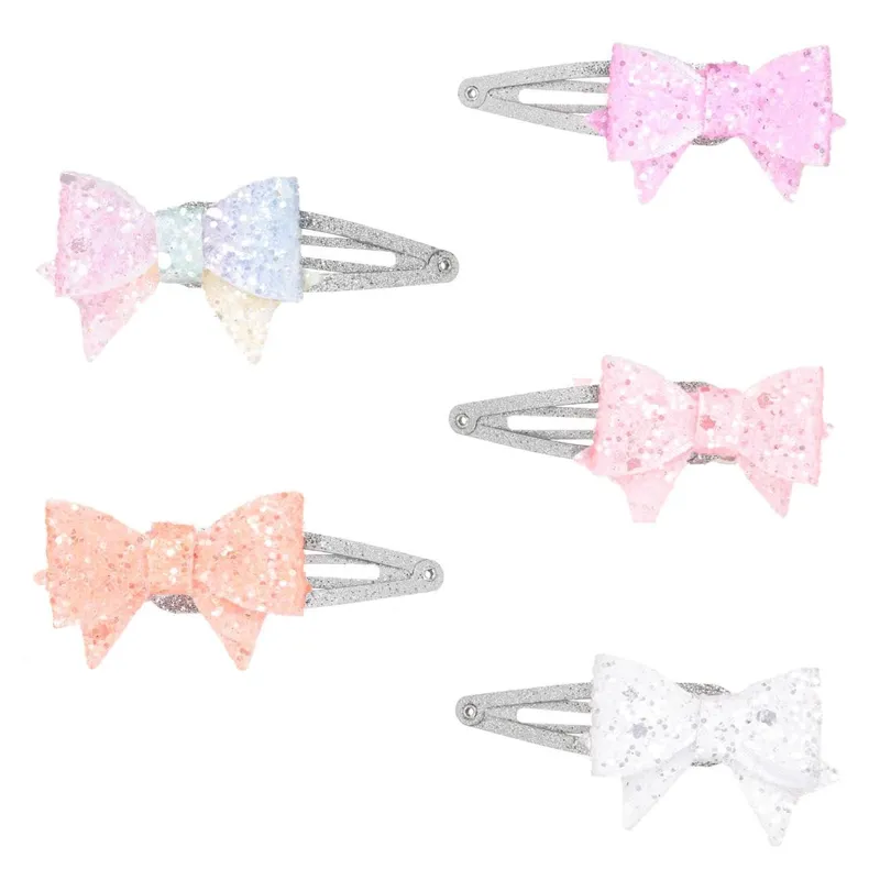 Clame de păr metalice cu fundițe 3D și glitter, set 5 buc, multicolor, 6 cm