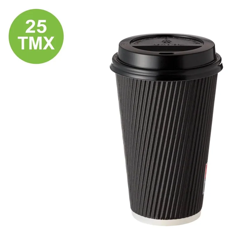 Pahare de Carton Negre Ripple, Întărite cu Capac Negru, 480ml - 25 buc