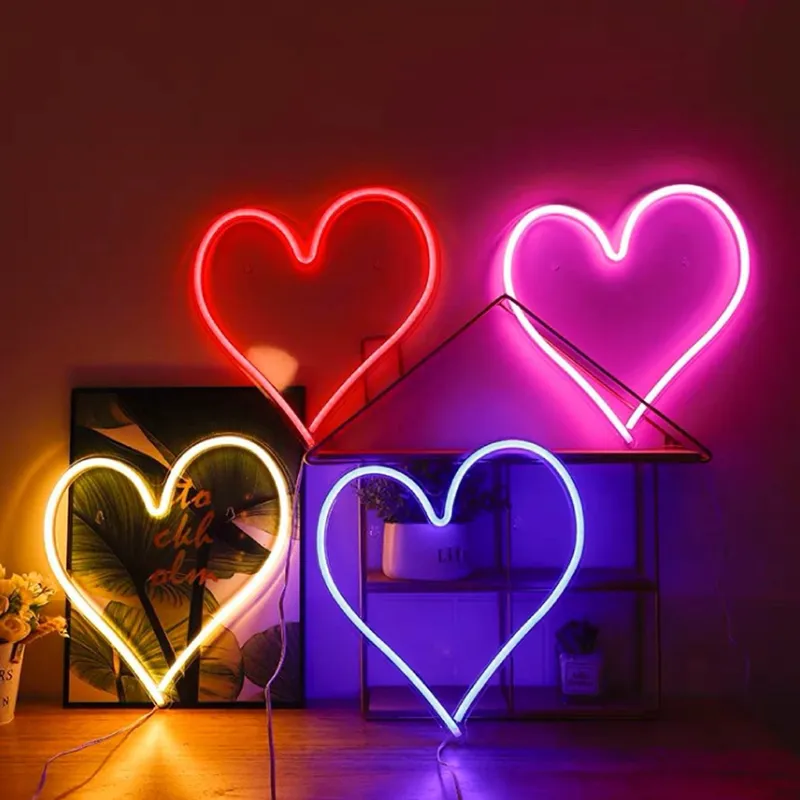 Lampa LED Neon cu Model Inima, Fucsia, 36.3x29cm, USB