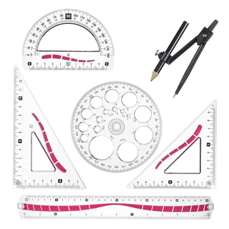 Set Rigle Geometrice Transparente cu Accente Roșii și Compas - 6 Piese