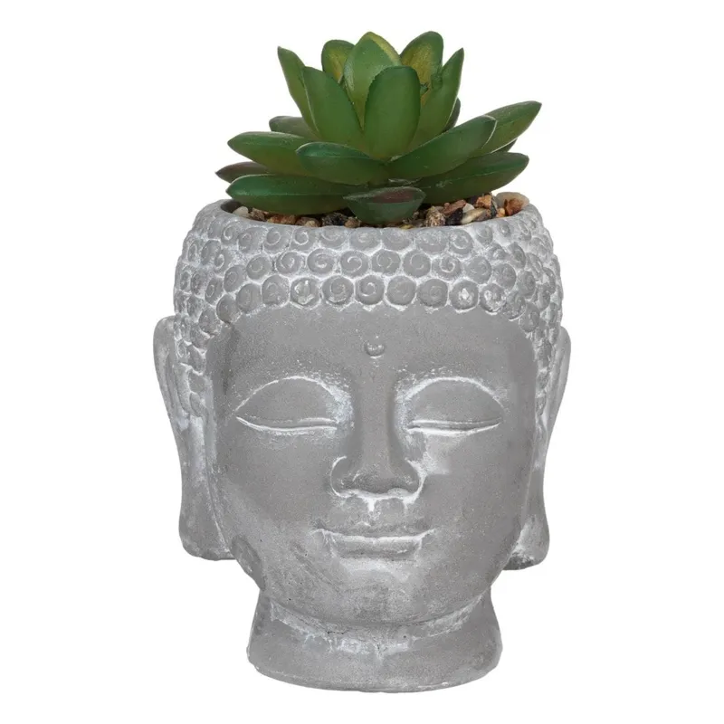 Ghivec decorativ în formă de cap de Buddha cu plantă artificială