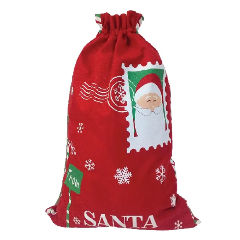 Sac de cadouri din iuta, Rosu, 53x78cm, cu imprimeu Mos Craciun