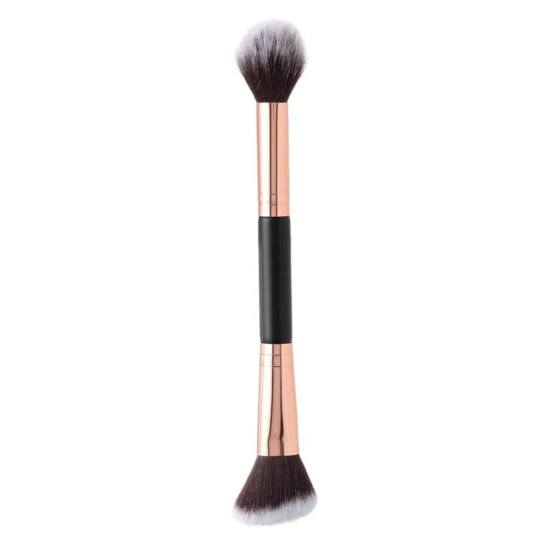 Pensulă de machiaj dublă, cu capăt oblic și oval, 20 cm, negru-roz-auriu