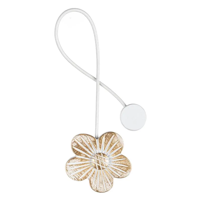 Magnet pentru Perdea Floare din Lemn Auriu și Alb, 6 cm, Snur 30.5 cm