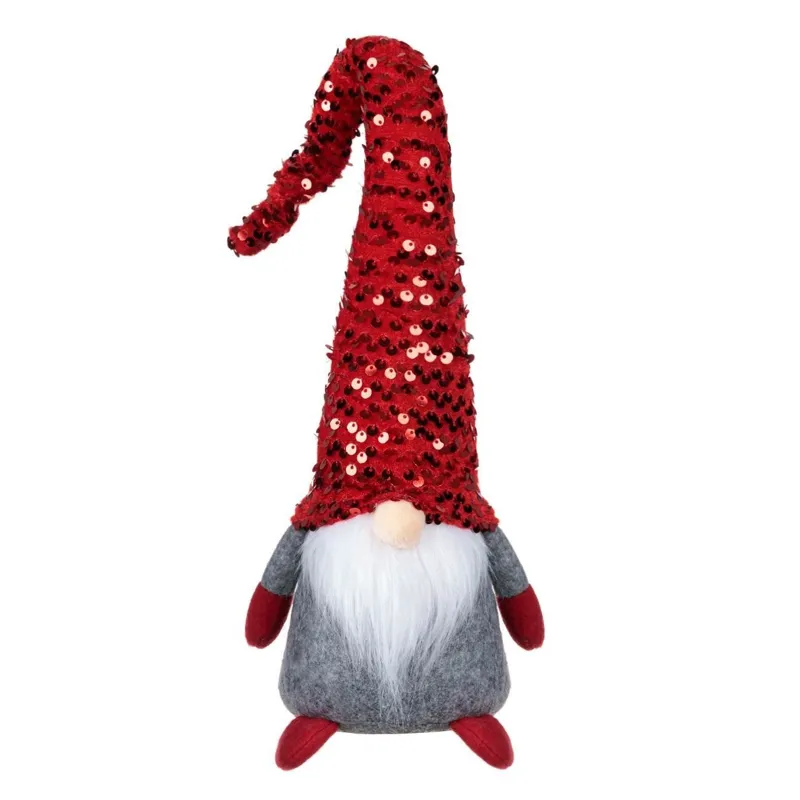 Figură Decorativă Crăciun Gnome Gri cu Căciulă Roșie Paiete 46cm