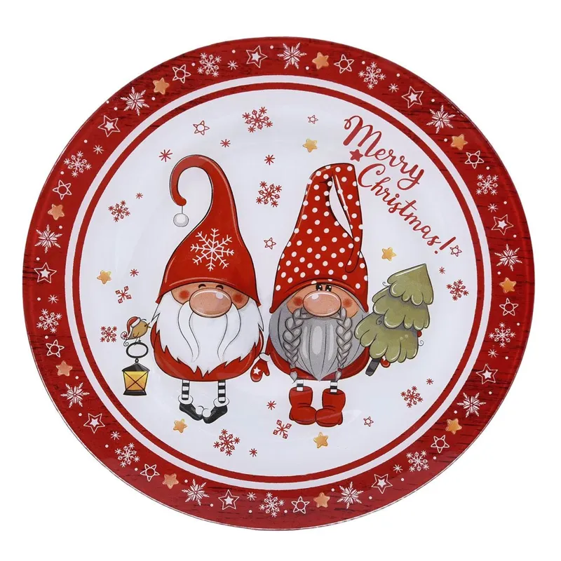 Farfurie Sticlă Crăciun Gnome cu Mesaj \"Merry Christmas\" 26.5cm