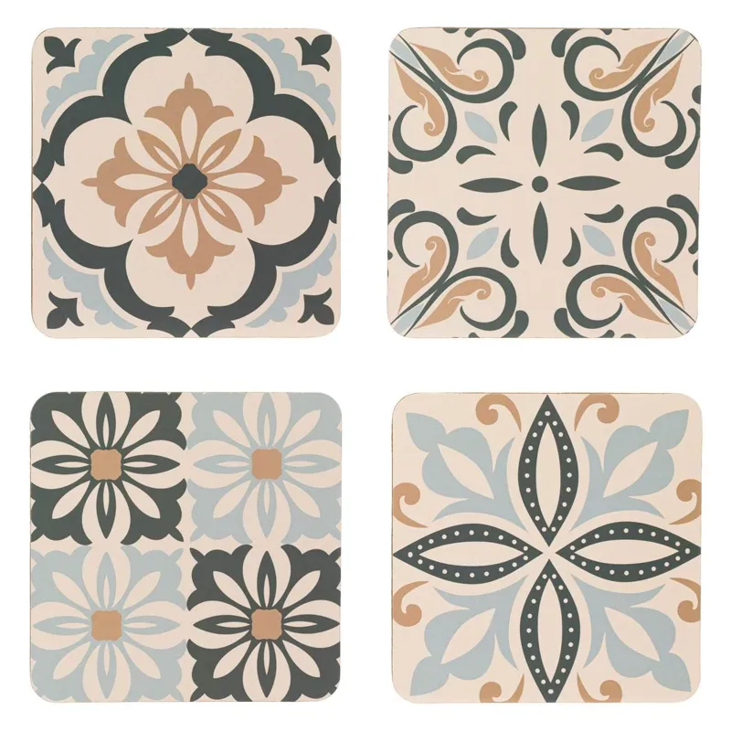 Set 4 Suporturi pentru Pahare din Plută și Lemn, 10x10cm, Design Tiles, Bej