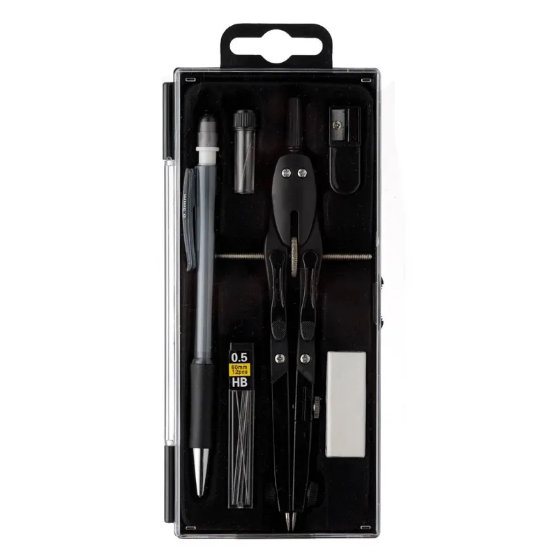 Set compas cu rotiță metalic și creion mecanic, 6 piese, negru