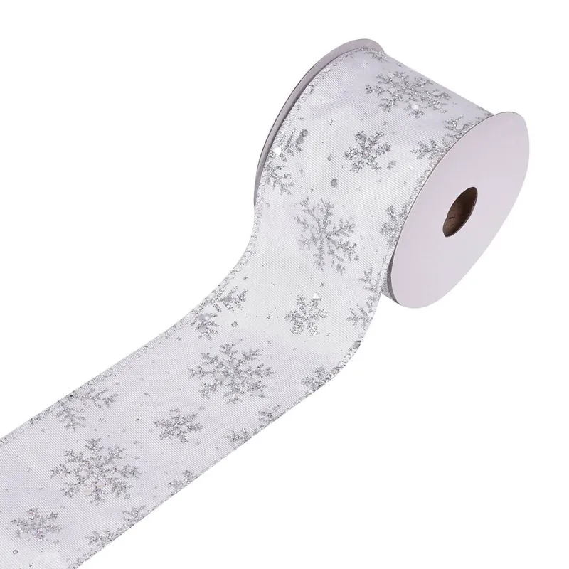 Panglică decorativă pentru brad de Crăciun, albă, cu fulgi și glitter argintiu, 5m x 63mm