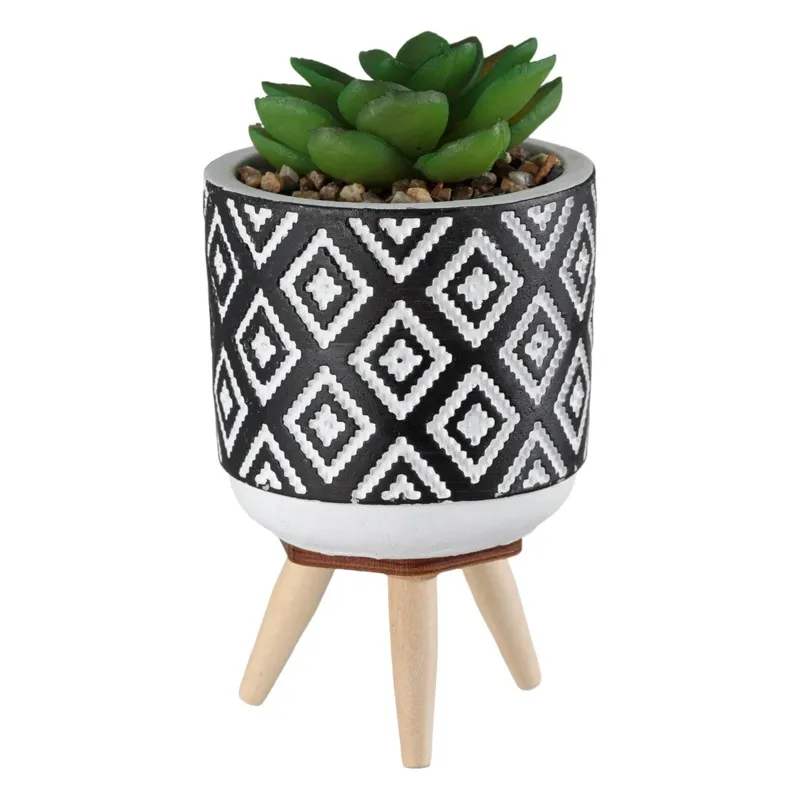 Ghiveci Decorativi Negri cu Picioare din Lemn și Plantă Artificială