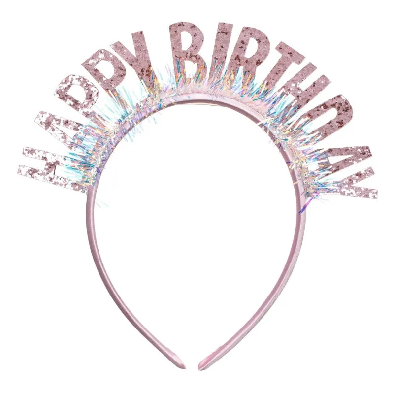 Coroniță de petrecere cu beteală holografică și mesaj Happy Birthday, Roz