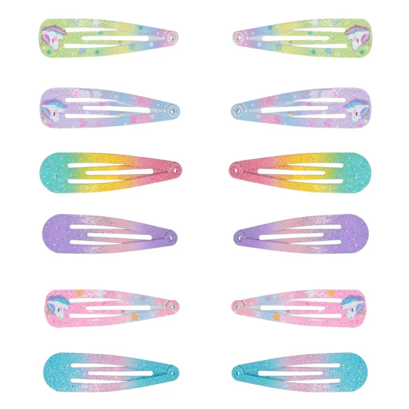 Clame de păr metalice pentru copii, set 12 buc, 5 cm, multicolore cu glitter și design unicorn
