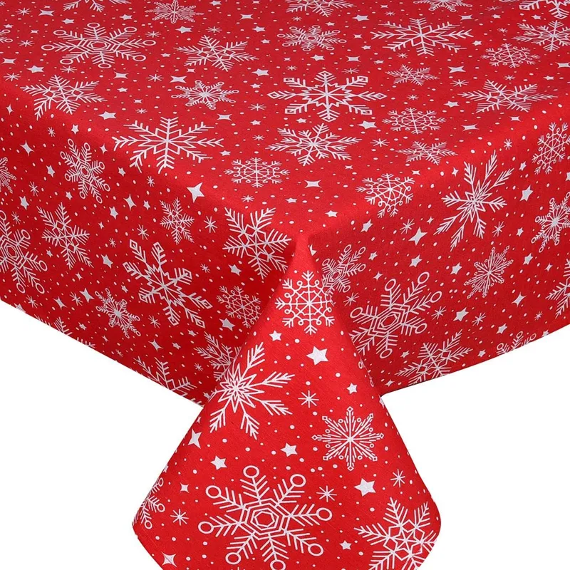 Față de masă decorativă roșie cu fulgi de zăpadă și stele pentru Crăciun