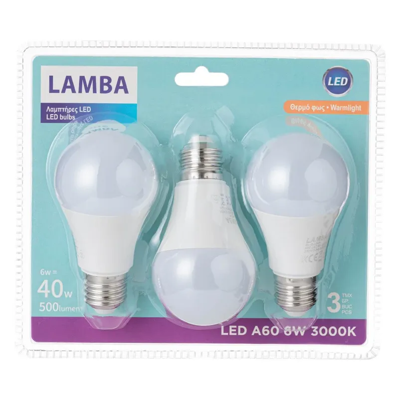 Set 3 becuri LED E27 6W A60, Lumină albă caldă 3000K