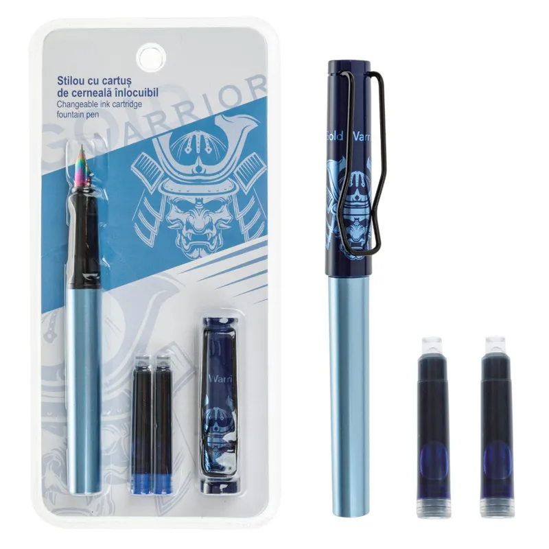 Stilou cu rezerve de cerneală, Set 1+2, Albastru, Model Samurai