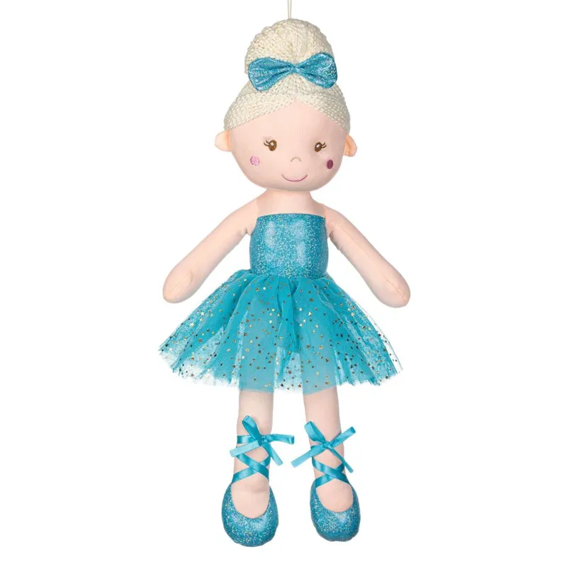 Papusa textila balerina, par blond, rochie albastra cu glitter, 50 cm