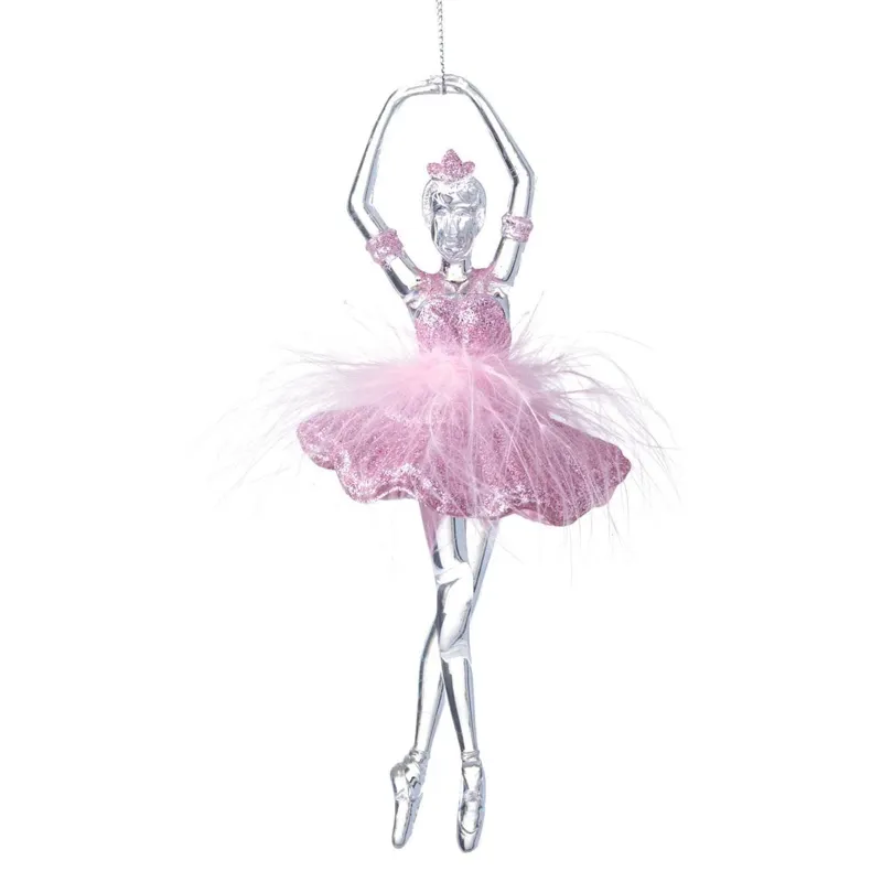 Ornament Balerină Transparentă Roz cu Glitter și Pană 18 cm