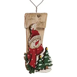 Ornament Vintage de Crăciun din Lemn: Omul cu Zapada și Brazi – poza 3