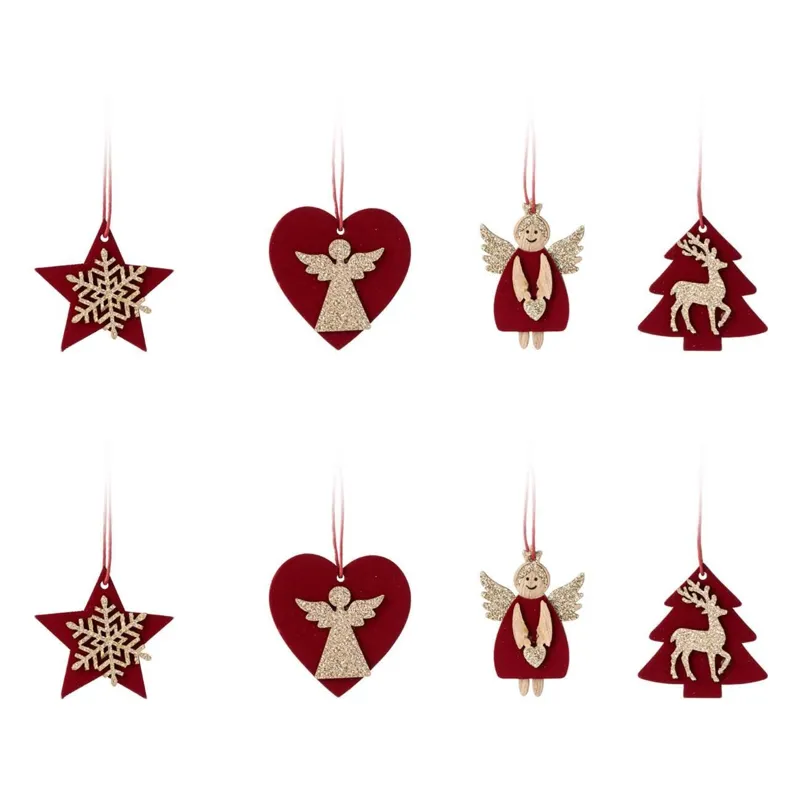 Ornamente Crăciun din lemn cu catifel și glitter auriu, set de 8 bucăți