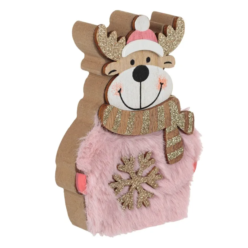 Decoratiune Cerb Crăciun Blană Roz cu Fulg Glitter – poza 2