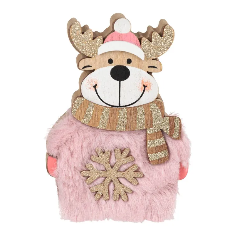 Decoratiune Cerb Crăciun Blană Roz cu Fulg Glitter – poza 3