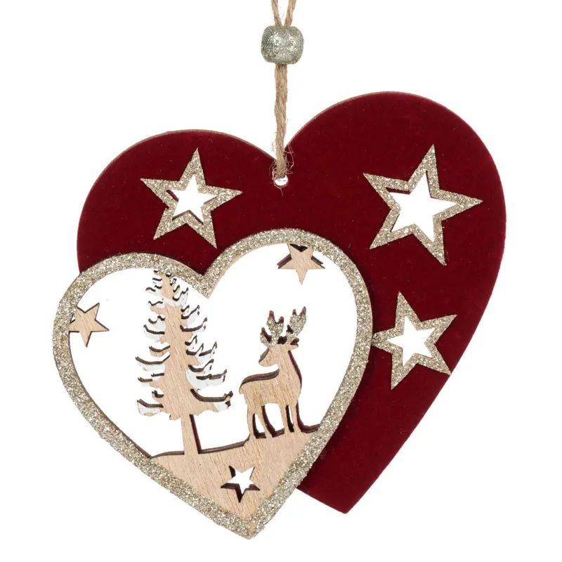 Ornament de Crăciun Inimă Dublă din Lemn cu Glitter Auriu