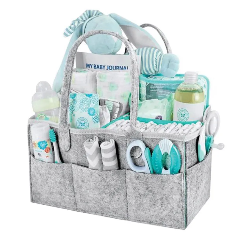 Geanta organizatoare pentru cosmetice bebe, din pasla, gri, 33x23x18cm, cu 8 buzunare si 2 manere