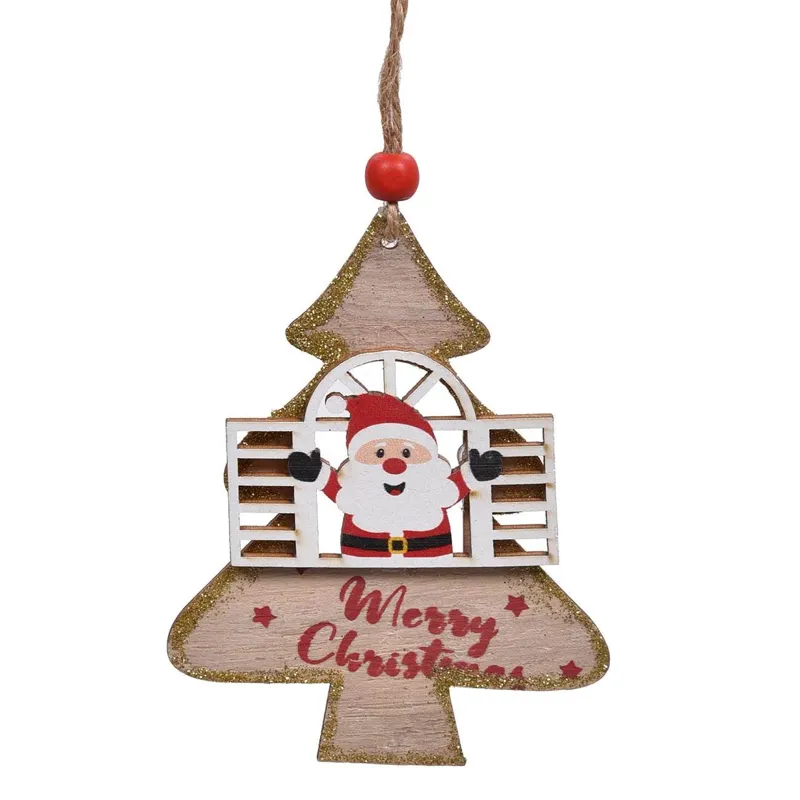 Decoratiune Crăciun Brad din Lemn cu Mesaj Merry Christmas și Glitter Auriu