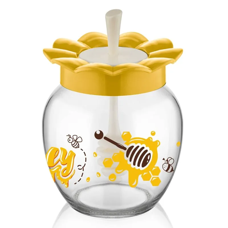 Recipient din Sticlă cu Capac Floare Galbenă și Lingură pentru Miere, 370ml