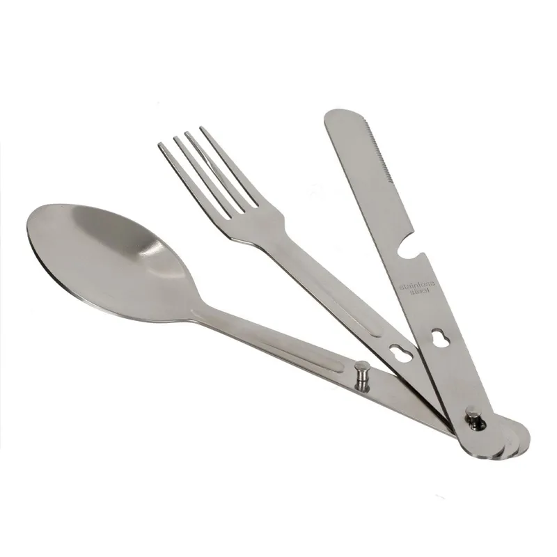 Set Tacâmuri 3in1 din Oțel Inoxidabil, Cuțit cu Lamă Zimțată, Lingură și Furculiță, Pliabil, cu Desfăcător de Sticle, Argintiu