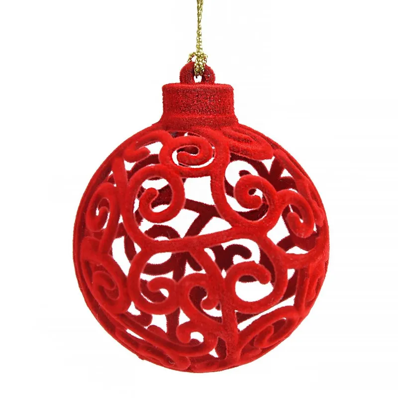 Glob Ornament pentru Brad de Crăciun, Model Perforat, Catifelat Roșu