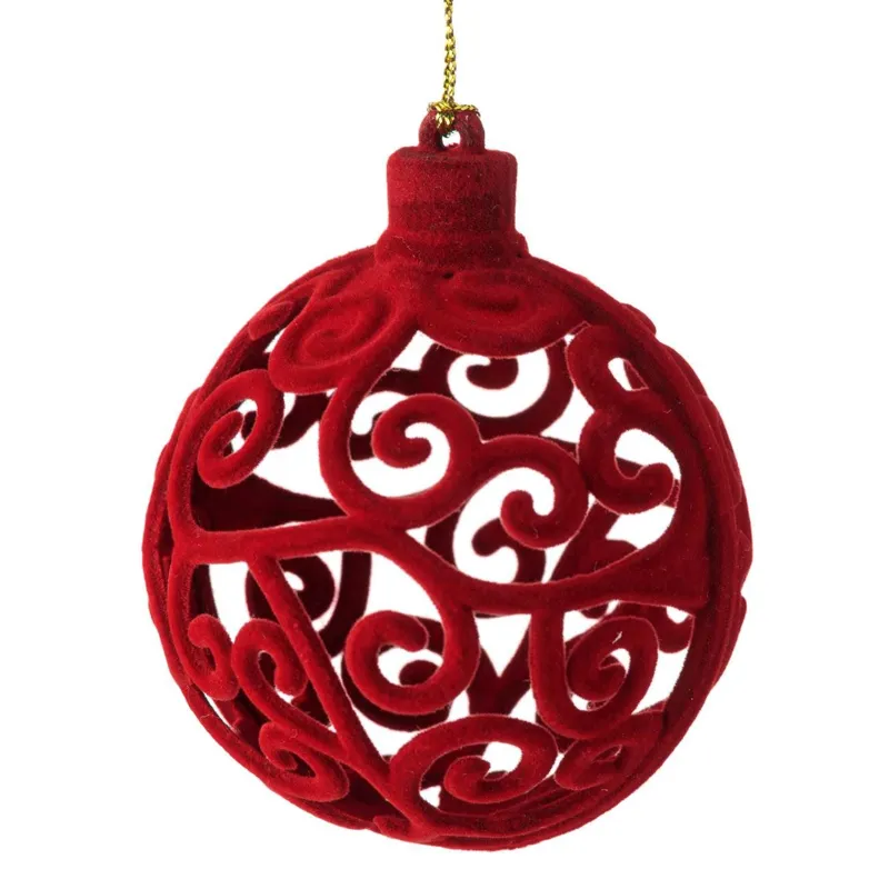 Glob de bradă de Crăciun catifelat cu model perforat roșu, 8cm