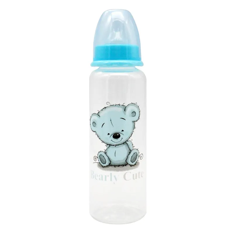 Biberon din Plastic cu Tetină din Silicon, 250 ml, Model Ursuleț, Bleu, Fără BPA