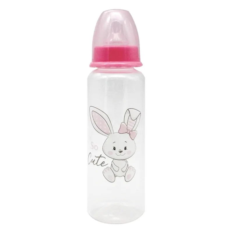 Biberon bebeluș roz cu tetină siliconă flux mic și design iepuras 250ml