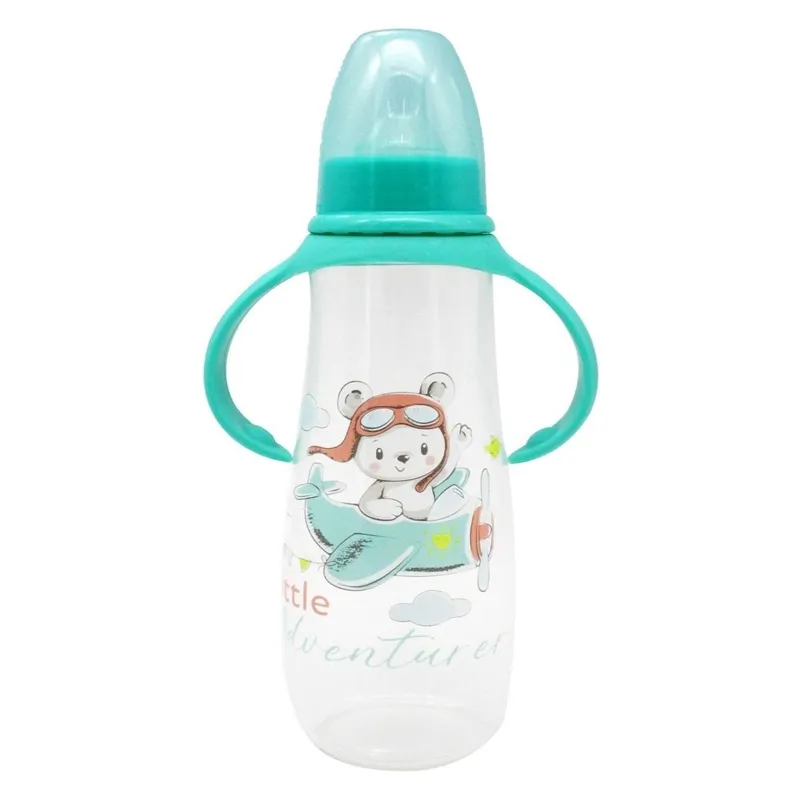 Biberon din Plastic cu Tetină din Silicon și Mânere, 300 ml, Verde Menta