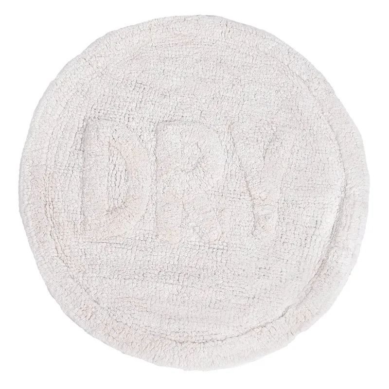 Covoras de baie rotund, bumbac, alb, cu text DRY in relief, diametru 60 cm