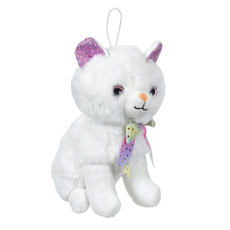 Pisică plush albă cu urechi fucsia și glitter, cu panglică rainbow