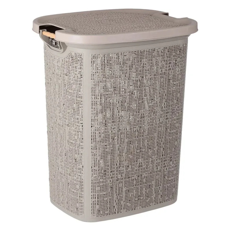Coș de rufe maro cu mânere de lemn, 60L, design perforat