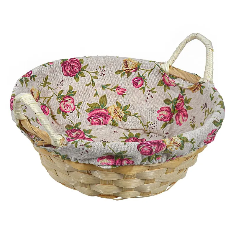 Cos decorativ de Paste din bambus, Ø23x8cm, cu captuseala floral bej