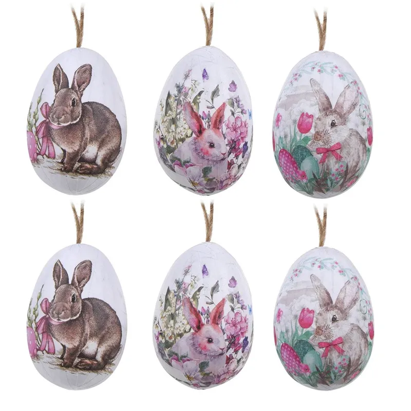 Oua decorative de Paste din spuma, albe, cu iepurasi, 5 cm, set 6 bucati